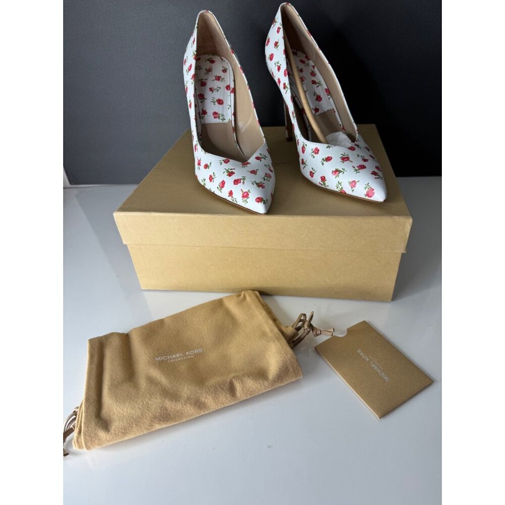 NEW MICHAEL KORS COLLECTION Muse Rose Printed Leather Pump White Red IT 40 US 10 - Picture 2 of 7